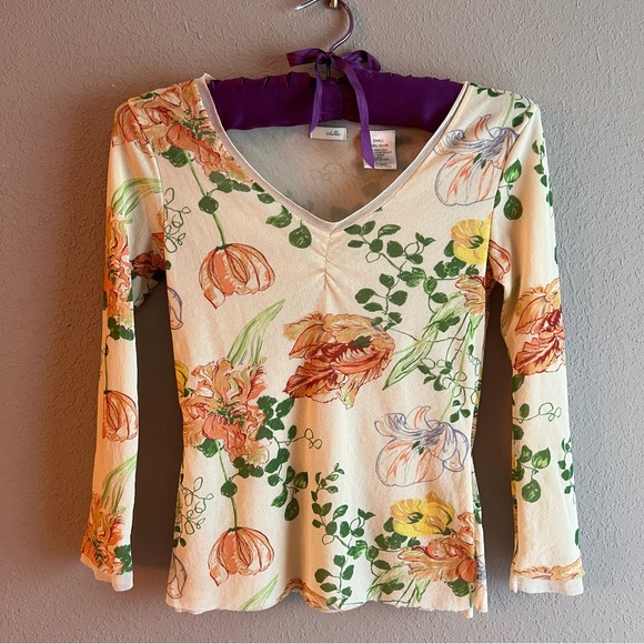 Anthropologie Tops - Anthropologie Floral V-Neck Long Sleeve Mesh Top